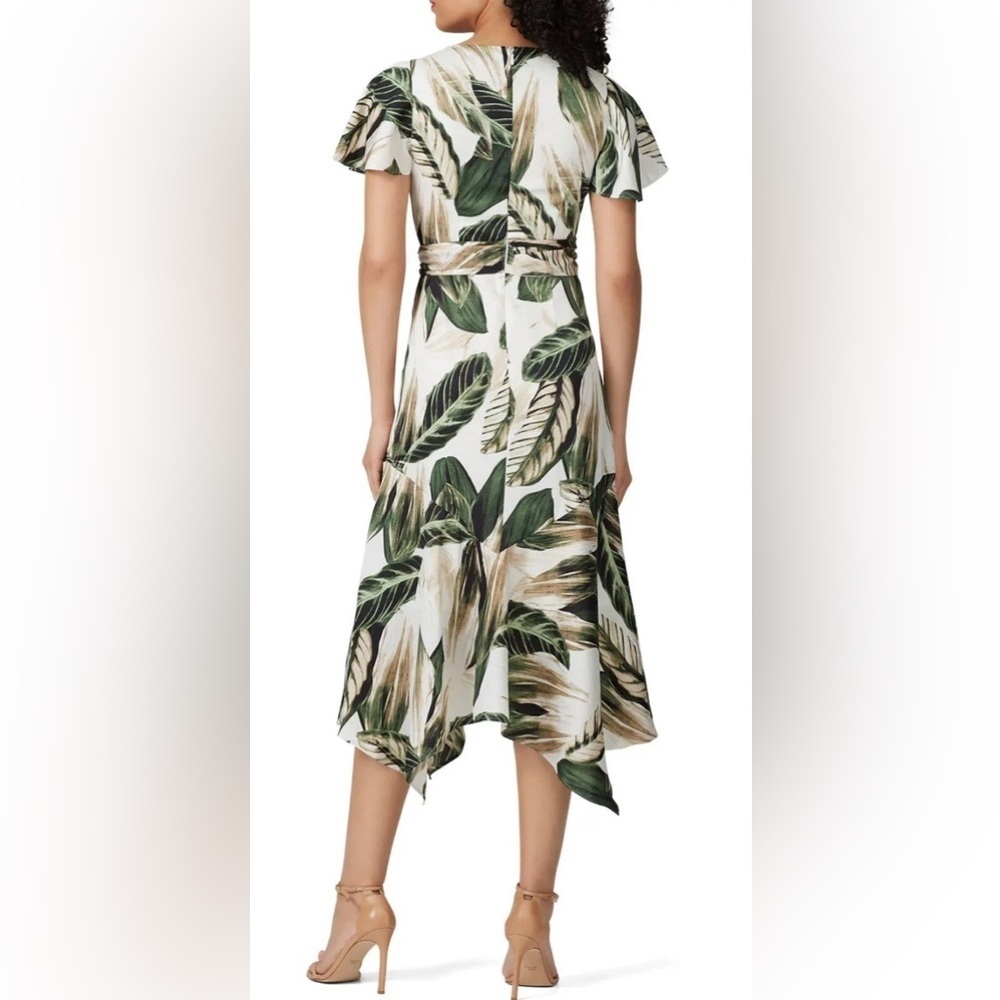 Great Jones Tropical Leaf Print Midi Dress Green Ivory Asymmetrical Hem Size 4 - Picture 9 of 13
